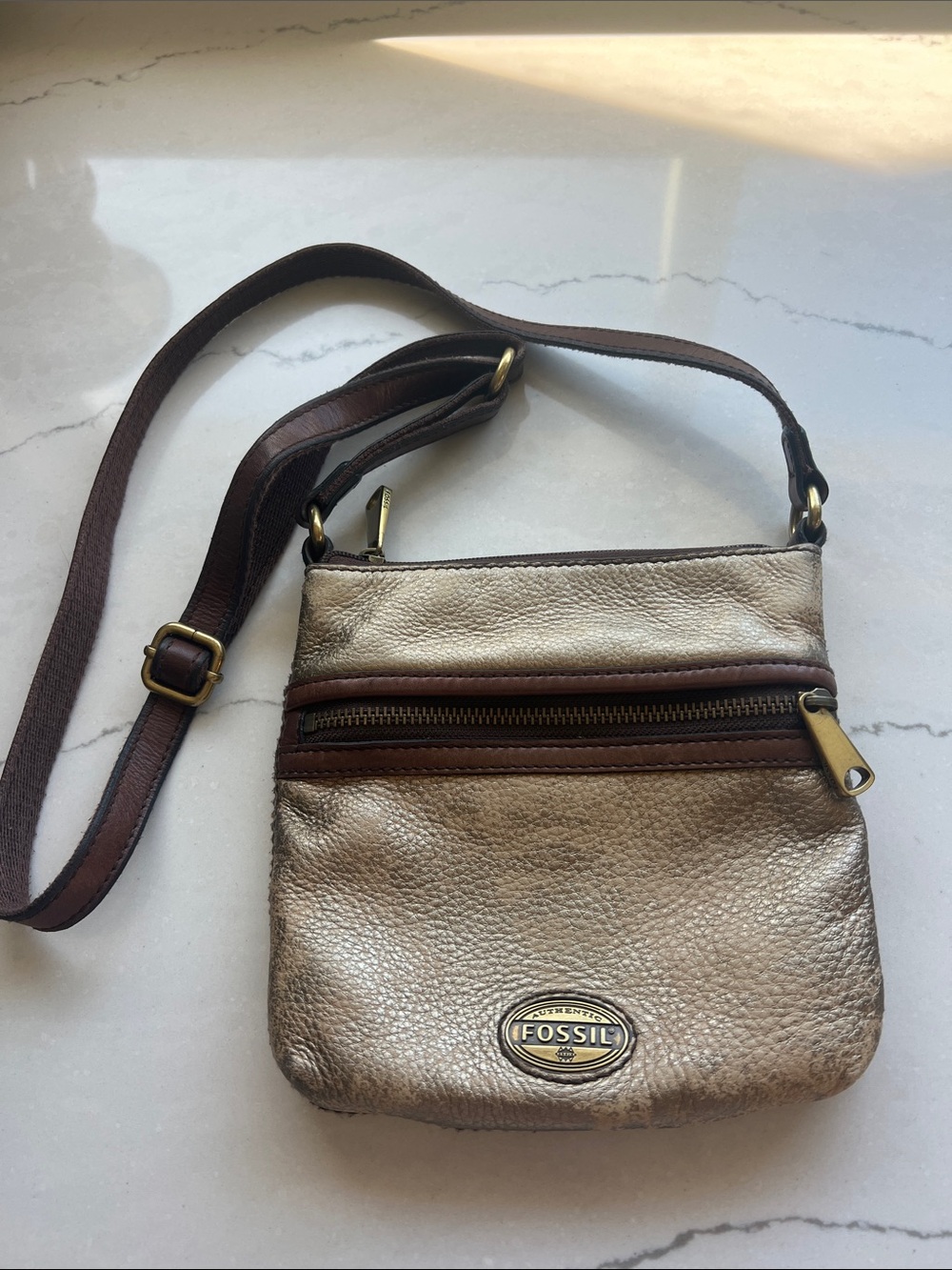 Fossil Metallic Gold leather Crossbody with Brown Trim